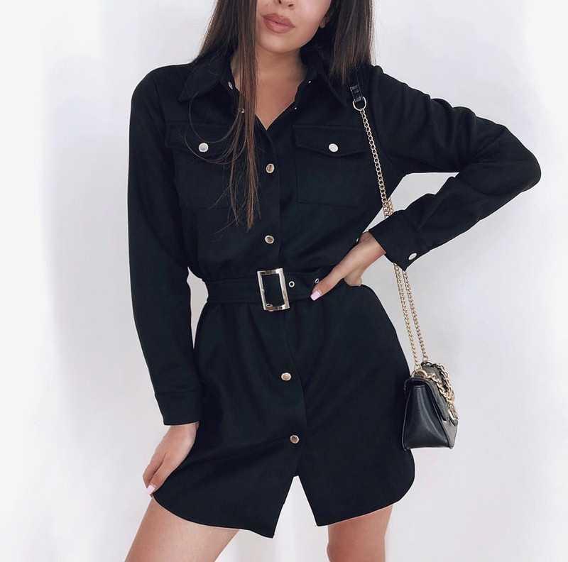 Ladies Dress Solid Color Single Breasted Lapel Long Sleeve Suede