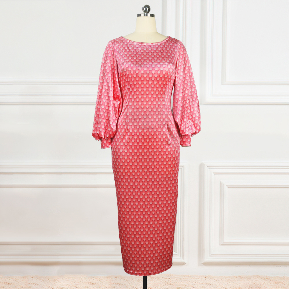 Women Vintage Lantern Sleeve Dress Pink Print Retro Vestidos Bodycon Package Hip Autumn Winter Party Dress Long Elegant