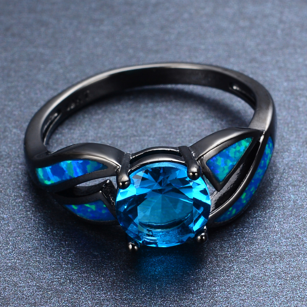 Black Gold Opal Aqua Blue Round Diamond Zircon Ring