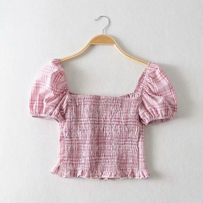 Square Neck Puff Sleeve Ruffled Plaid Short Sleeve Shirt