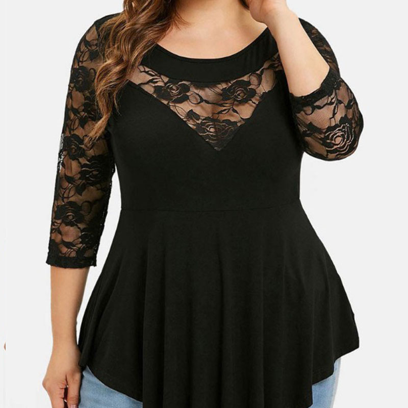 Fashion Ladies Lace Irregular Perspective Round Neck Top