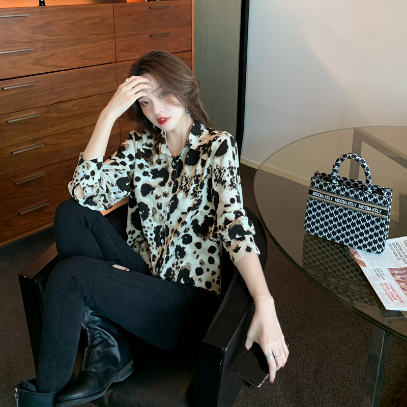 Chiffon Long Sleeve Leopard Print Shirt Women Retro Hong Kong Style
