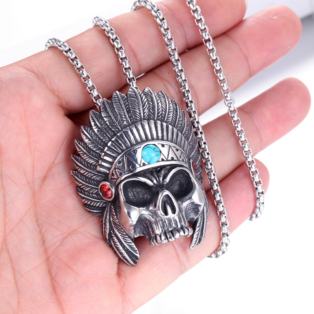 Stainless Steel Skull Necklace Vintage Takahashi Feather Titanium Steel Pendant