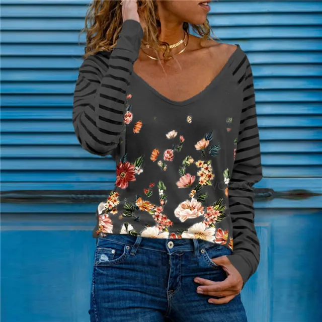 Printed V Neck Long Sleeve All Match Bottoming T Shirt 14Style M - Shop at LoveMi