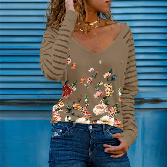 Printed V Neck Long Sleeve All Match Bottoming T Shirt 13Style 3Xl - Shop at LoveMi
