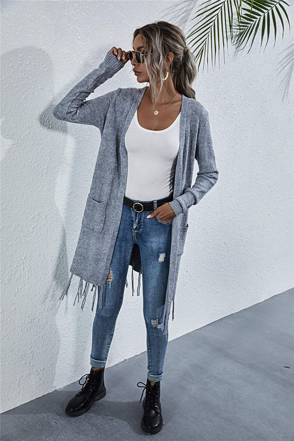 Women's Long Sleeve Fringed Cardigan Sweater Jacket