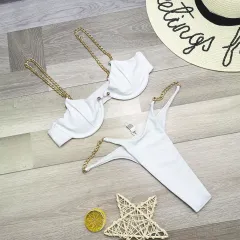 Chain halter one-piece swimsuit - White - View 1
