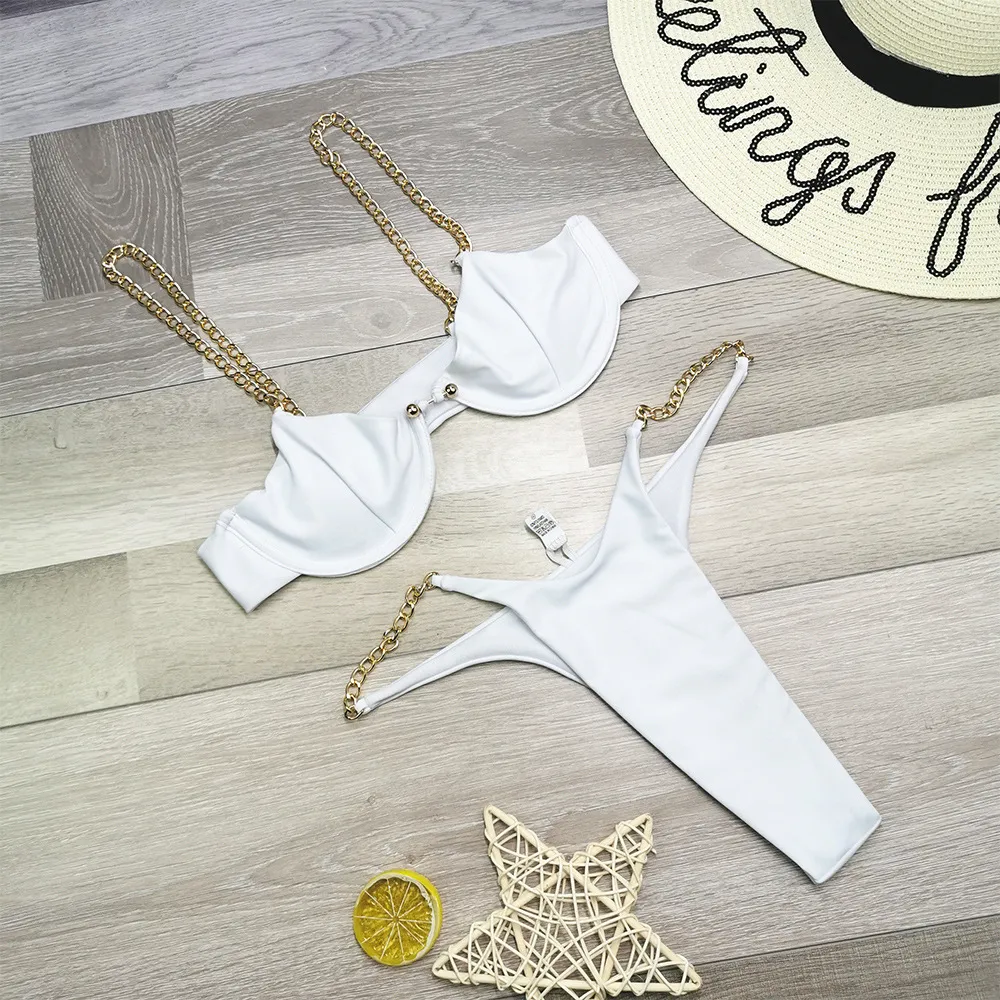 Chain halter one-piece swimsuit - White
