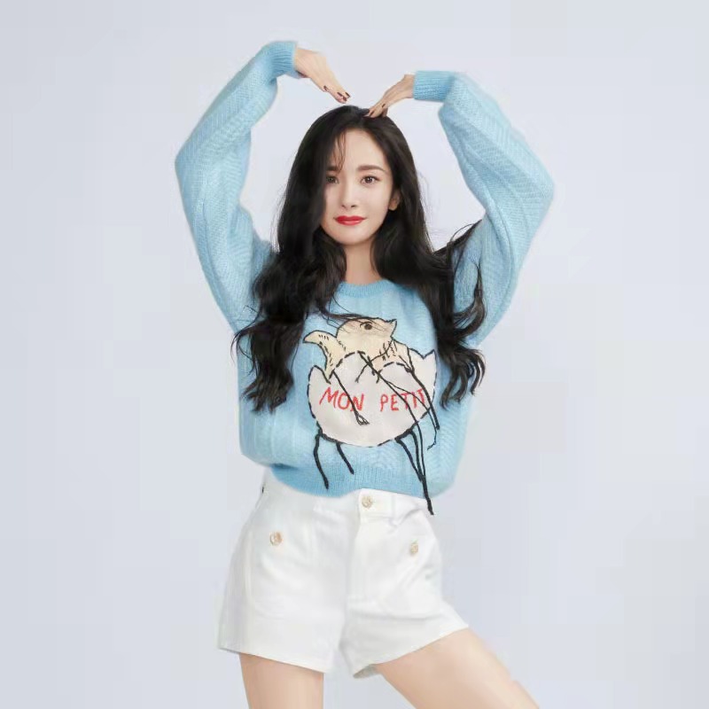 Blue Little Yellow Chicken Cartoon Knitted Jacket Women's Spring And Autumn Pullover Slim All-match Sweater