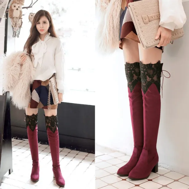 Increased Female Boots Sexy Knee High heeled Boots Inside Hollow Lace Red - Shop at LoveMi