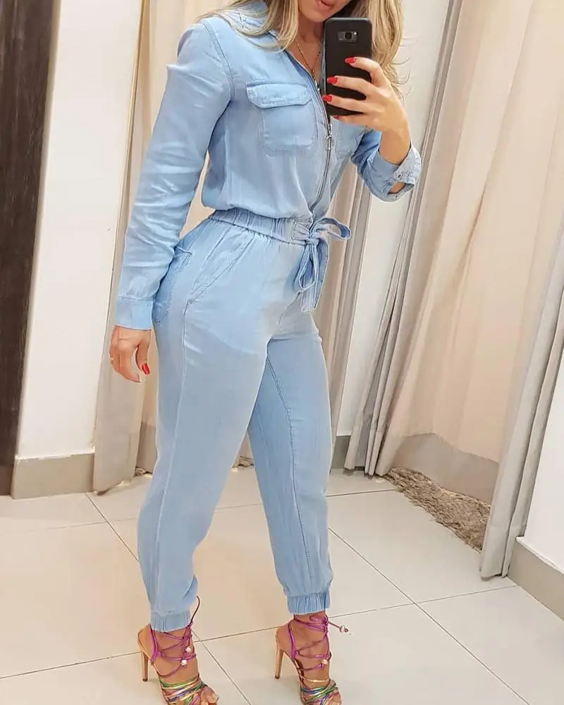 Women's Blue Zipper Jumpsuit Trousers