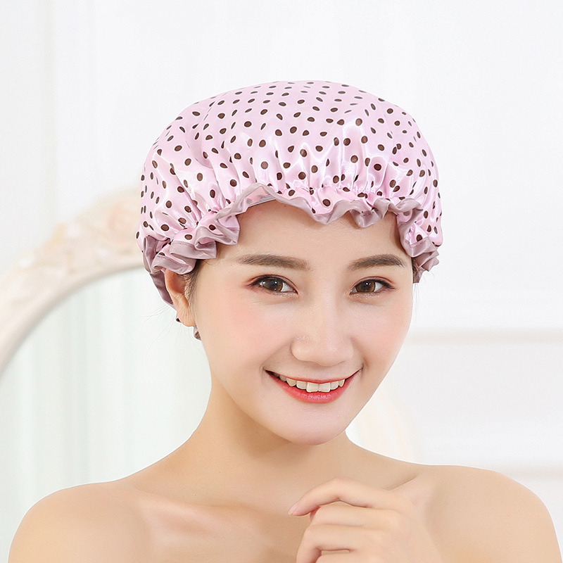 Double Layer Satin Cloth Waterproof Shower Cap Thickened Adult Ladies Wave Point
