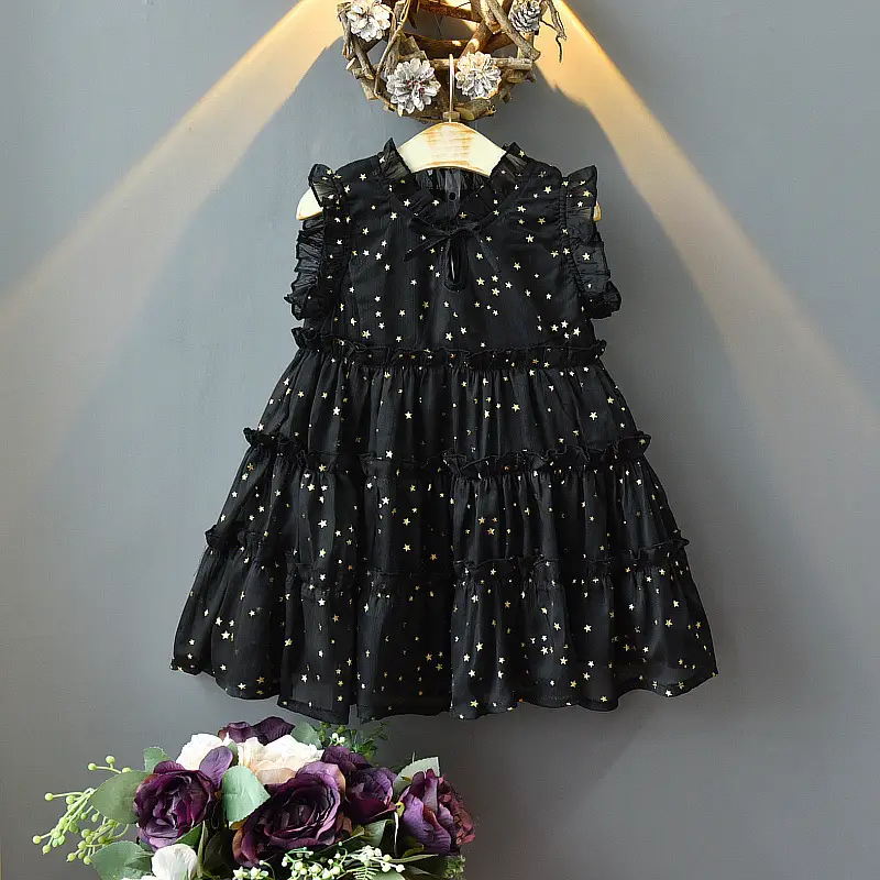 Trendy Girls Sleeveless Bronzing Star Organza Dress