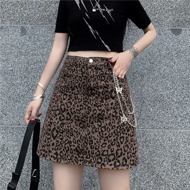 Harajuku Style Retro Denim Skirt High Waist Leopard Print Skirt Women Leopard - Shop at LoveMi