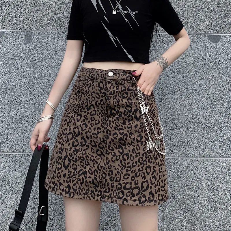 Harajuku Style Retro Denim Skirt High Waist Leopard Print Skirt Women - Leopard