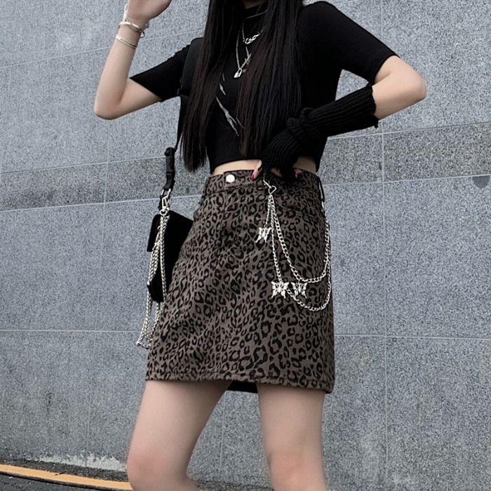 Harajuku Style Retro Denim Skirt High Waist Leopard Print Skirt Women