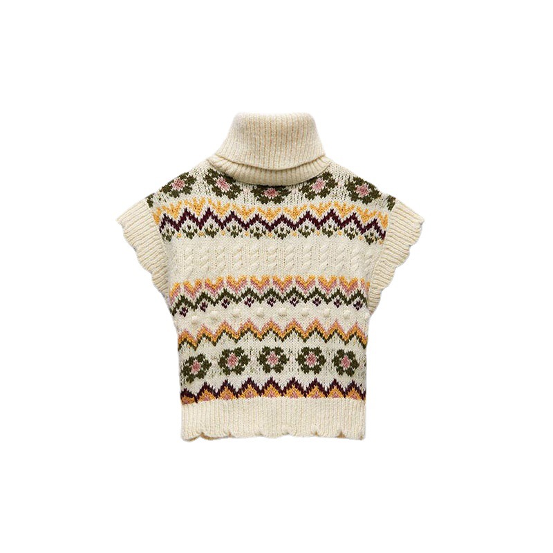 Vintage Stand-up Collar Sleeveless Jacquard Knitted Vest