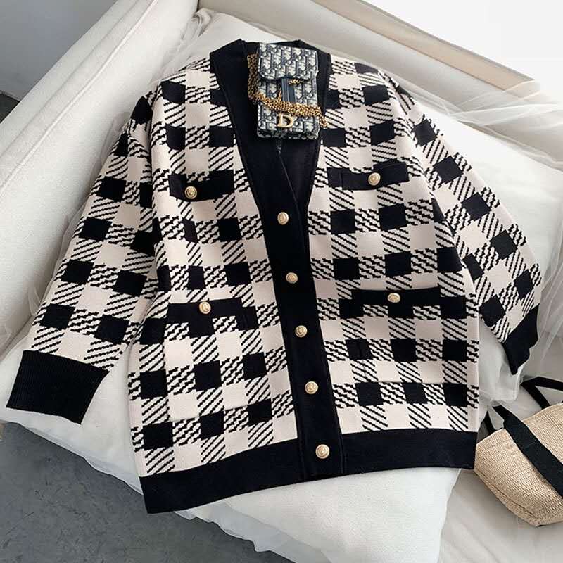 The Same Black And White Checked V-neck Sweater Cardigan Woman