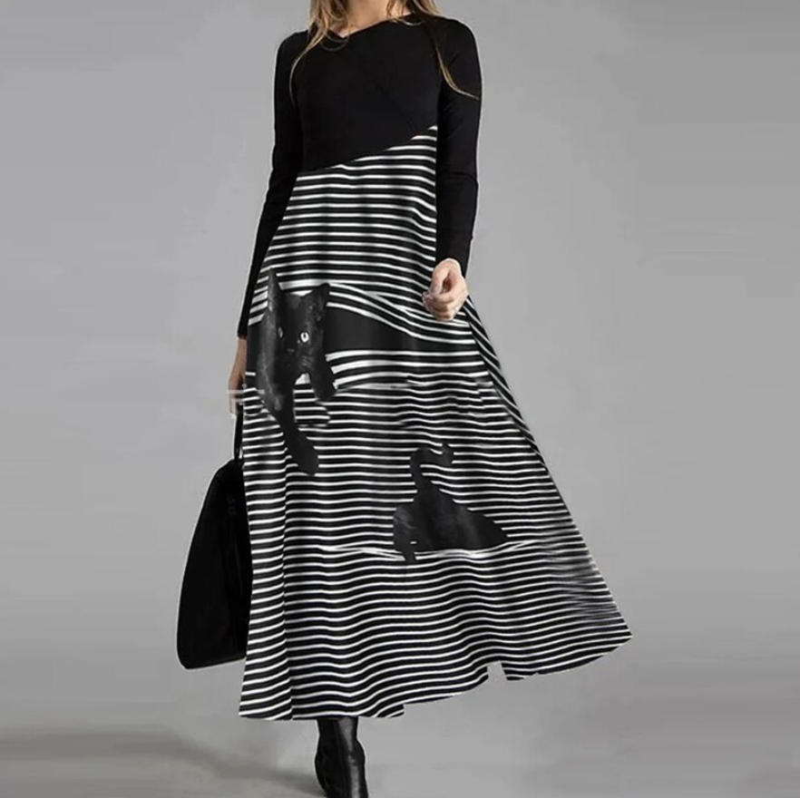 New Fashion Ladies Long-Sleeved Long Cat Print Large-Length Dress