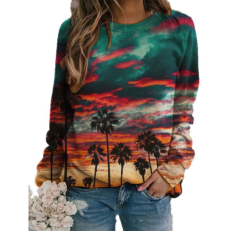 Title 2, Pullover Round Neck Landscape Long-sleeved Prin...