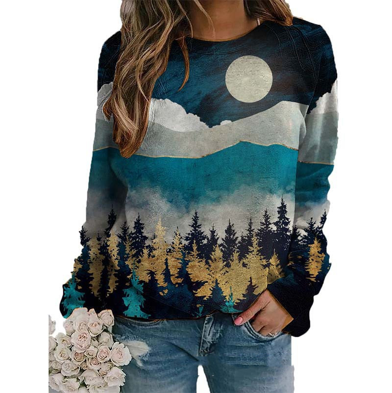 Title 3, Pullover Round Neck Landscape Long-sleeved Prin...