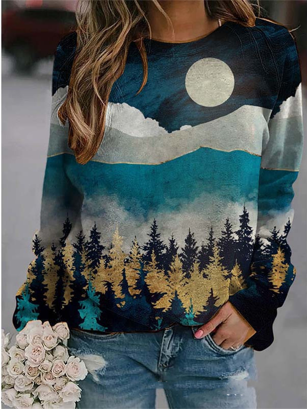 Title 4, Pullover Round Neck Landscape Long-sleeved Prin...