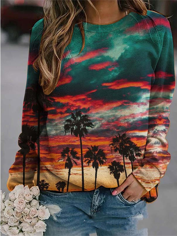 Title 5, Pullover Round Neck Landscape Long-sleeved Prin...