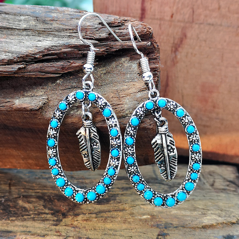 Antique Silver Exaggerated Earrings Vintage Blue Turquoise Feather Earrings