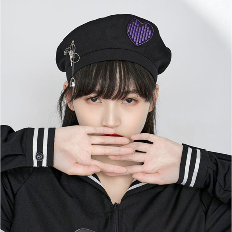 Hat Female Winter England Chain Beret Woolen Love Embroidery Warm Painter Hat