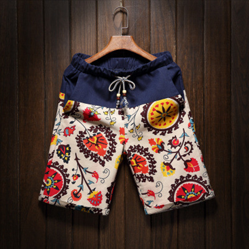 Hawaiian Floral Stitching Five-point Pants