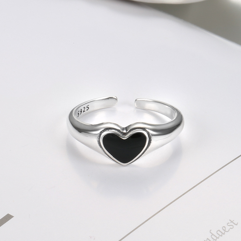 925 Sterling Silver Female Ring Black Enamel Love Korean Jewelry