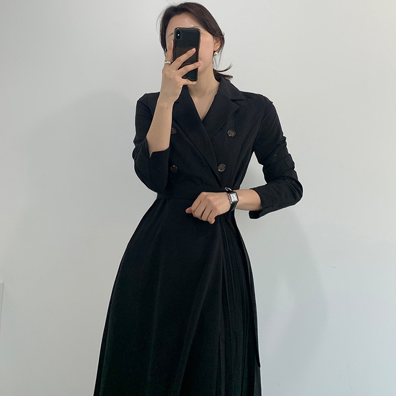 The New Light Luxury High-End Temperament Lapel Side Pleated Lace-Up Waist Long