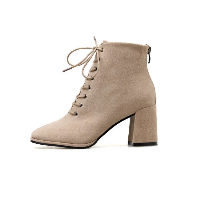 British Style Square Toe Thick Heel Lace High heeled Martin Boots Beige - Shop at LoveMi