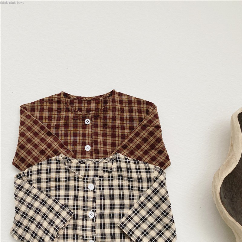 Korean Baby Round Neck Plaid Shirt And Bread Shorts Two Piece Suit
