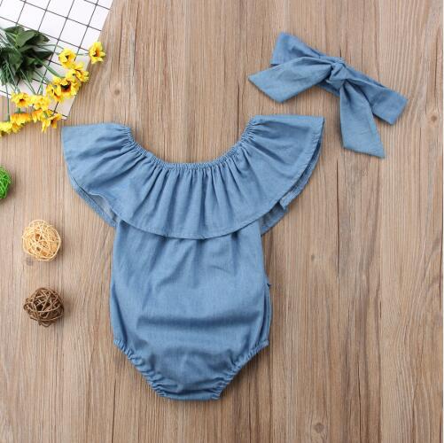 Romper Lotus Leaf Collar Off-Shoulder One-Shoulder Romper Denim Jumpsuit Head Flower