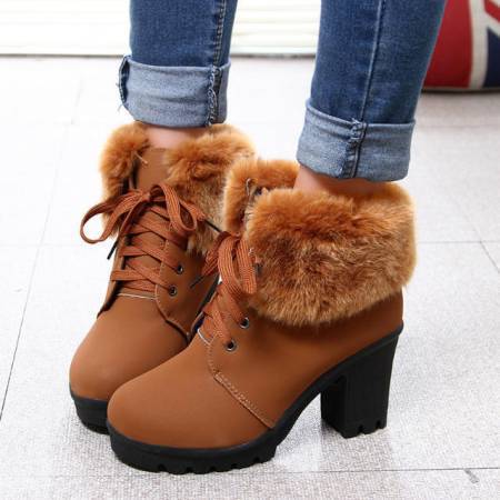 Title 2, Coarse Heel Lace-up Cotton Boots With Lady Fur ...