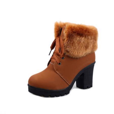 Title 1, Coarse Heel lace-up Cotton Boots With Lady Fur Hem