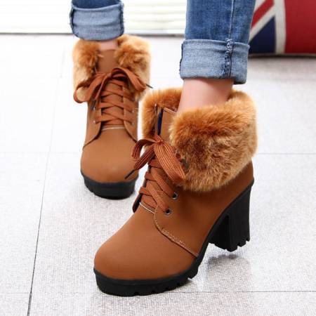 Title 4, Coarse Heel lace-up Cotton Boots With Lady Fur Hem