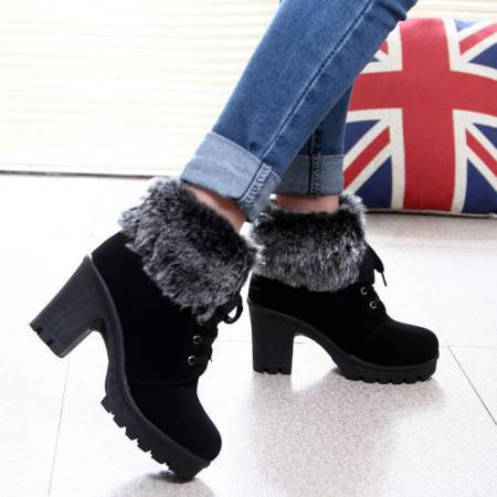 Title 5, Coarse Heel lace-up Cotton Boots With Lady Fur Hem