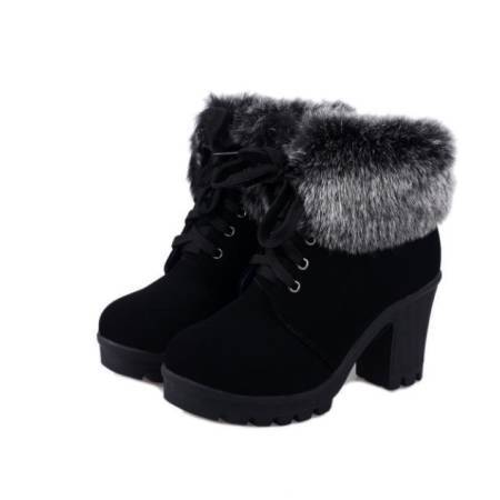 Title 3, Coarse Heel Lace-up Cotton Boots With Lady Fur ...