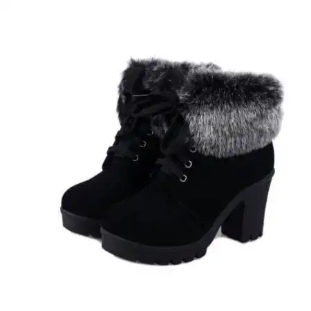 Coarse Heel lace-up Cotton Boots With Lady Fur Hem