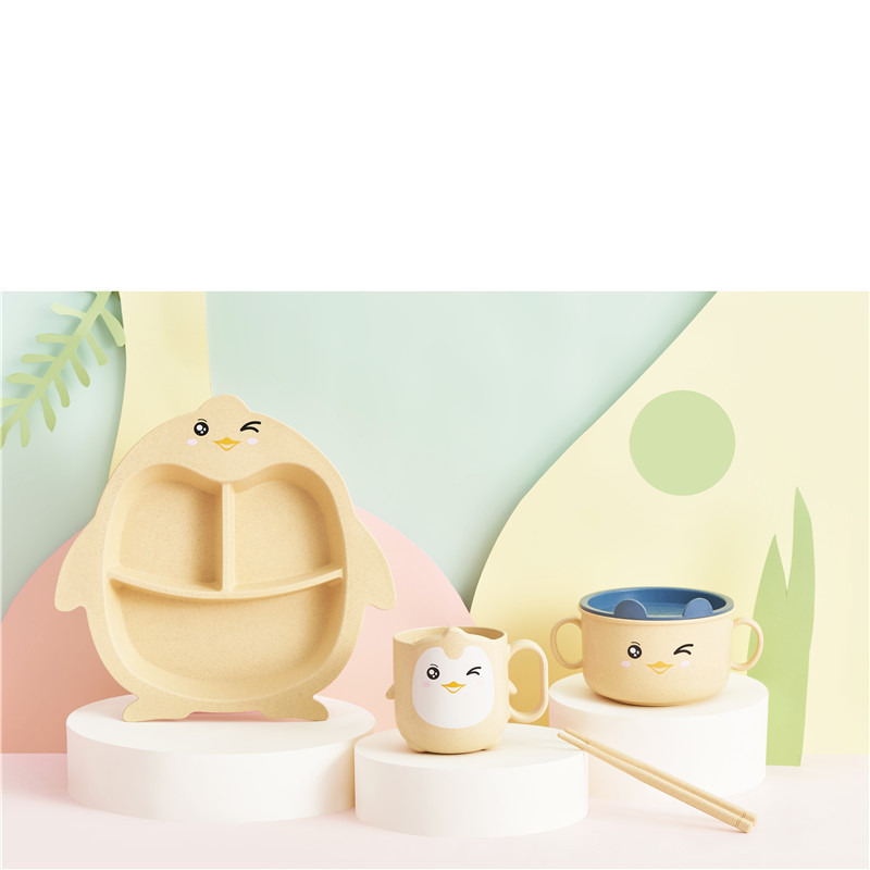 Penguin Children's Cutlery 6-piece Set Cartoon Grid Plate Binaural Bowl with Lid