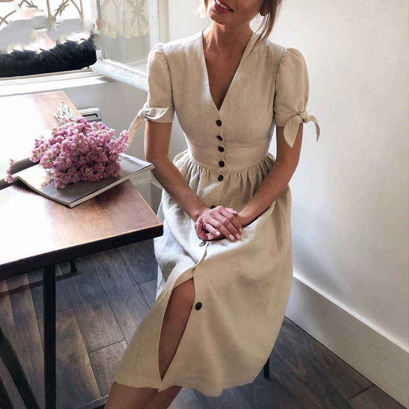 Button Short Sleeve Knotted Cotton Straight Skirt Solid Color Slim Dress