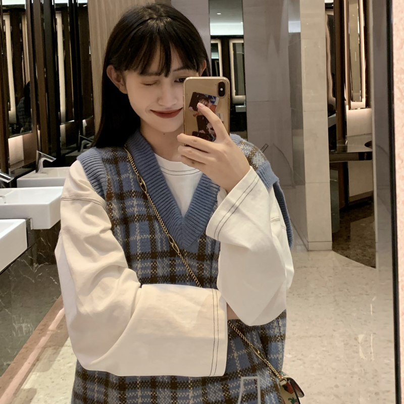 Plaid Knitted Vest Vest Jacket Women Spring and Autumn Loose V-Neck