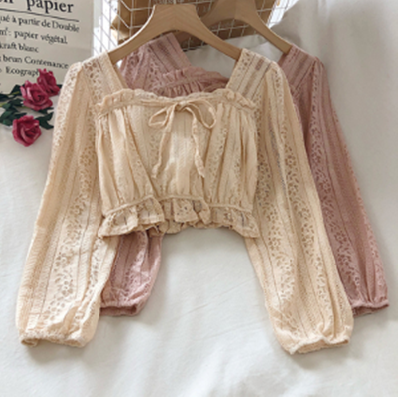 Temperament Ruffled Square Neck Lace Clavicle Long Sleeve Lace Top