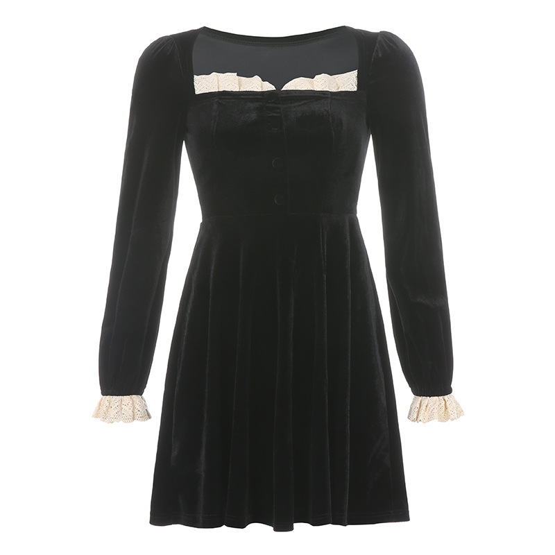 French Lace Square Neck Long Sleeve Dress