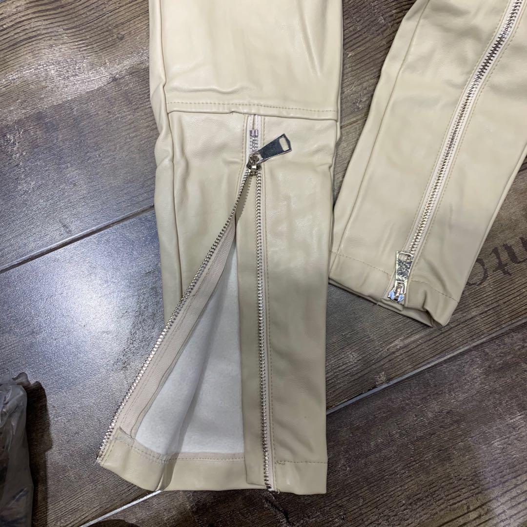 Elastic Waist Trousers Leg Zipper Decoration Plus Velvet Thick Leather Pants Leggings