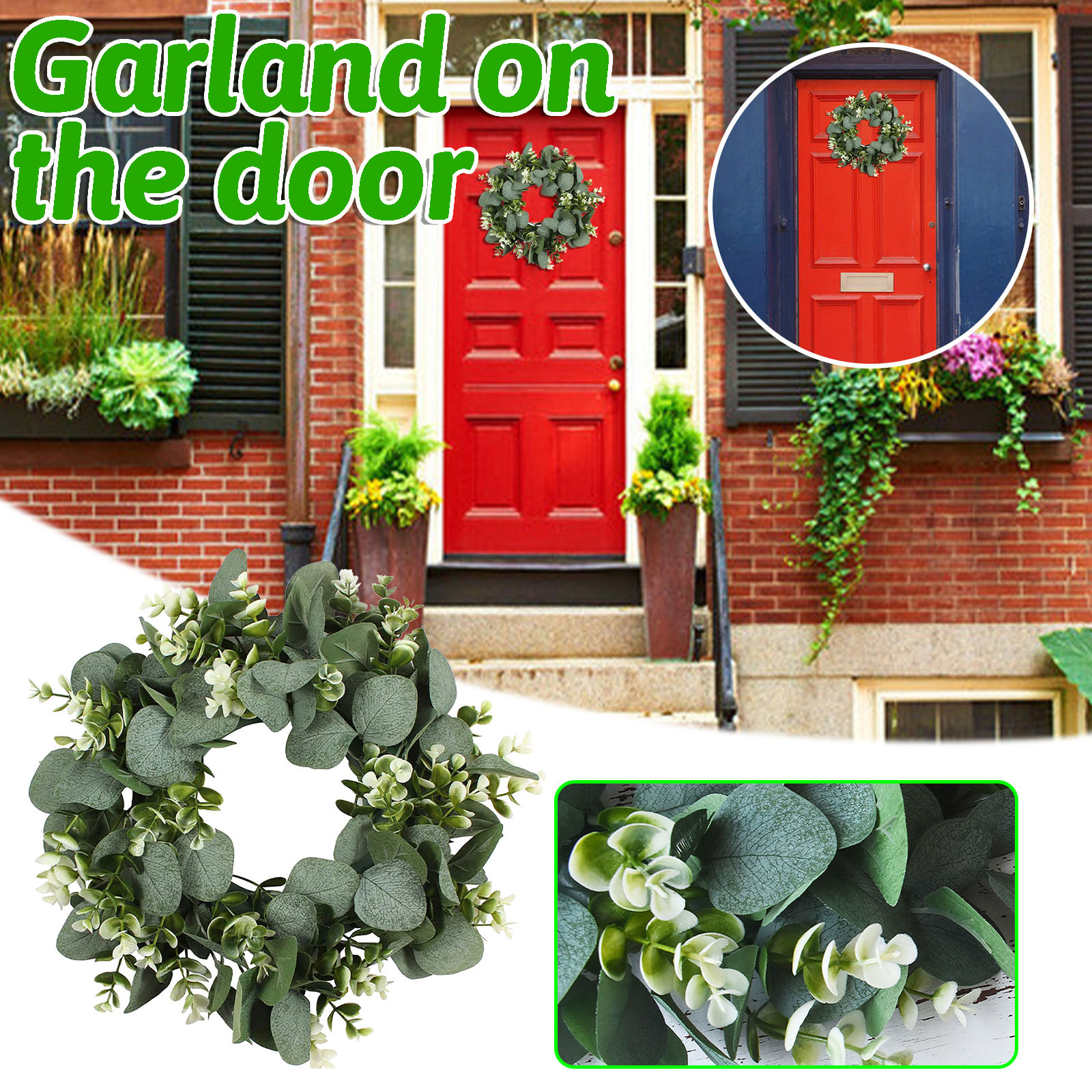Simulation Grass Ring Door Decorated With Small Eucalypto Wreath