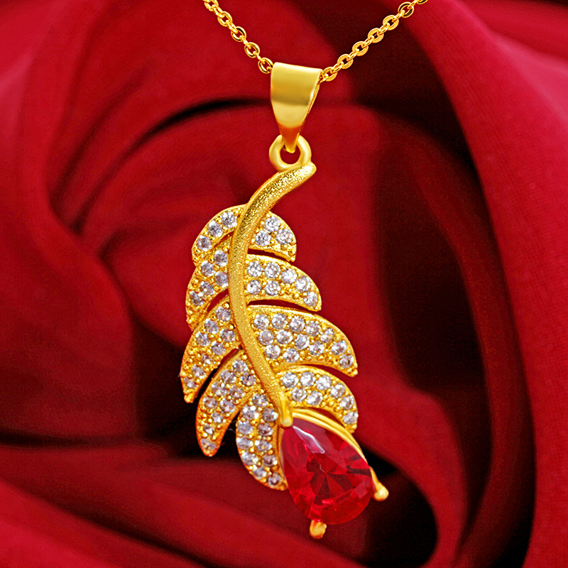 New Sand Gold Light Feather Necklace Women's Micro-Embellished European Style