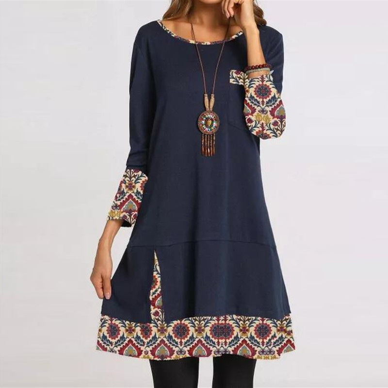 Patchwork Printed Round Neck Long Sleeve Dress